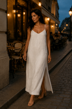 Ivory linen slip maxi dress, lifestyle, walking in dappled sunlight