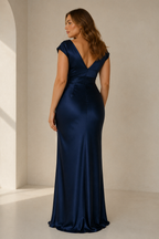 Navy blue silk column maxi dress, back view, smooth back silhouette