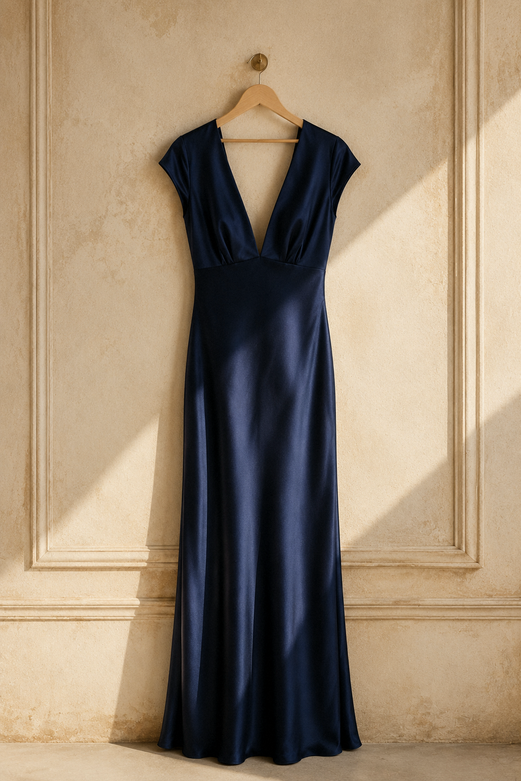 Navy blue silk column maxi dress, hanging on wooden hanger against plaster wall