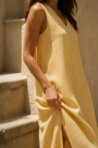 Butter yellow linen shift maxi dress, fabric detail, flax weave in raking light
