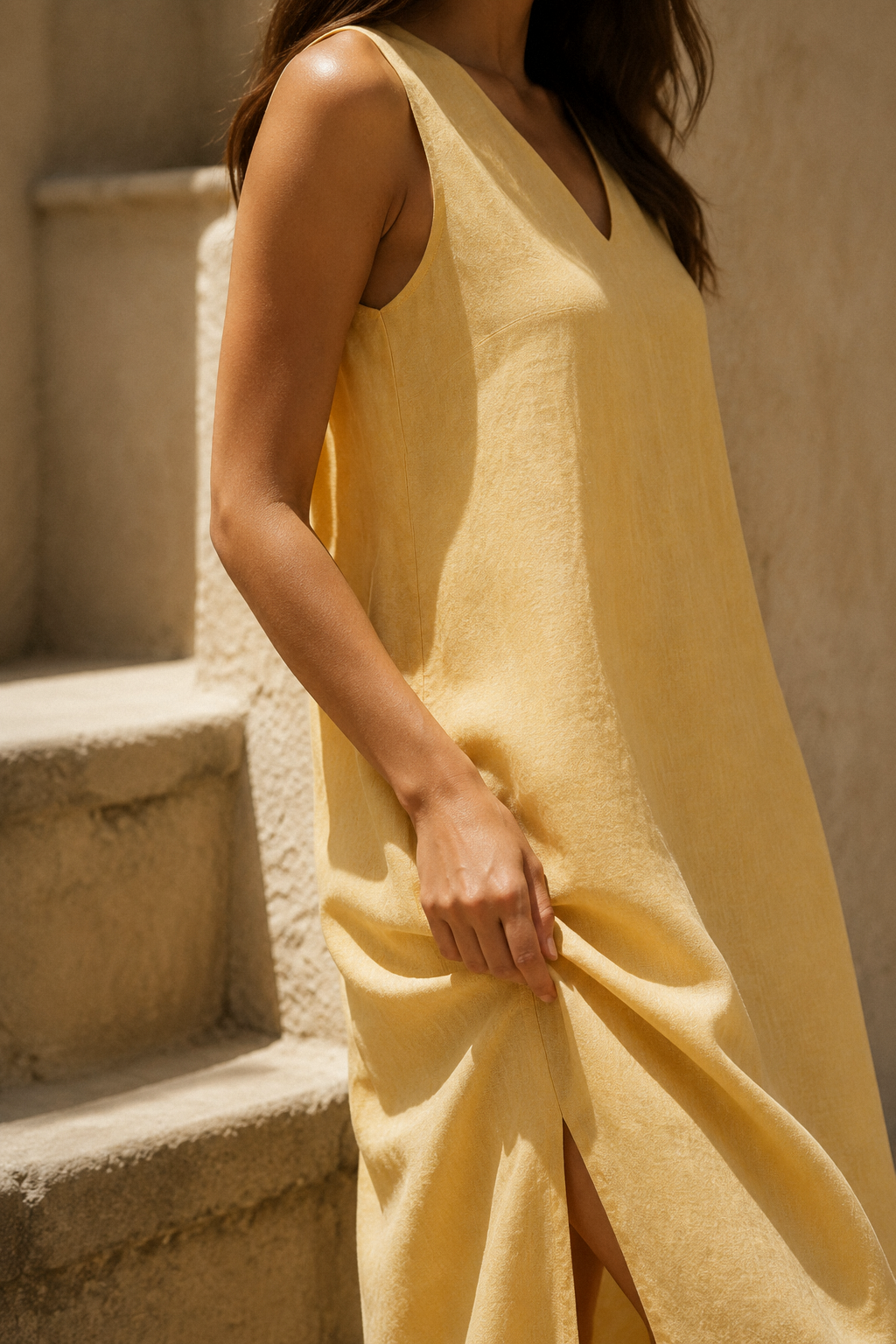 Butter yellow linen shift maxi dress, fabric detail, flax weave in raking light