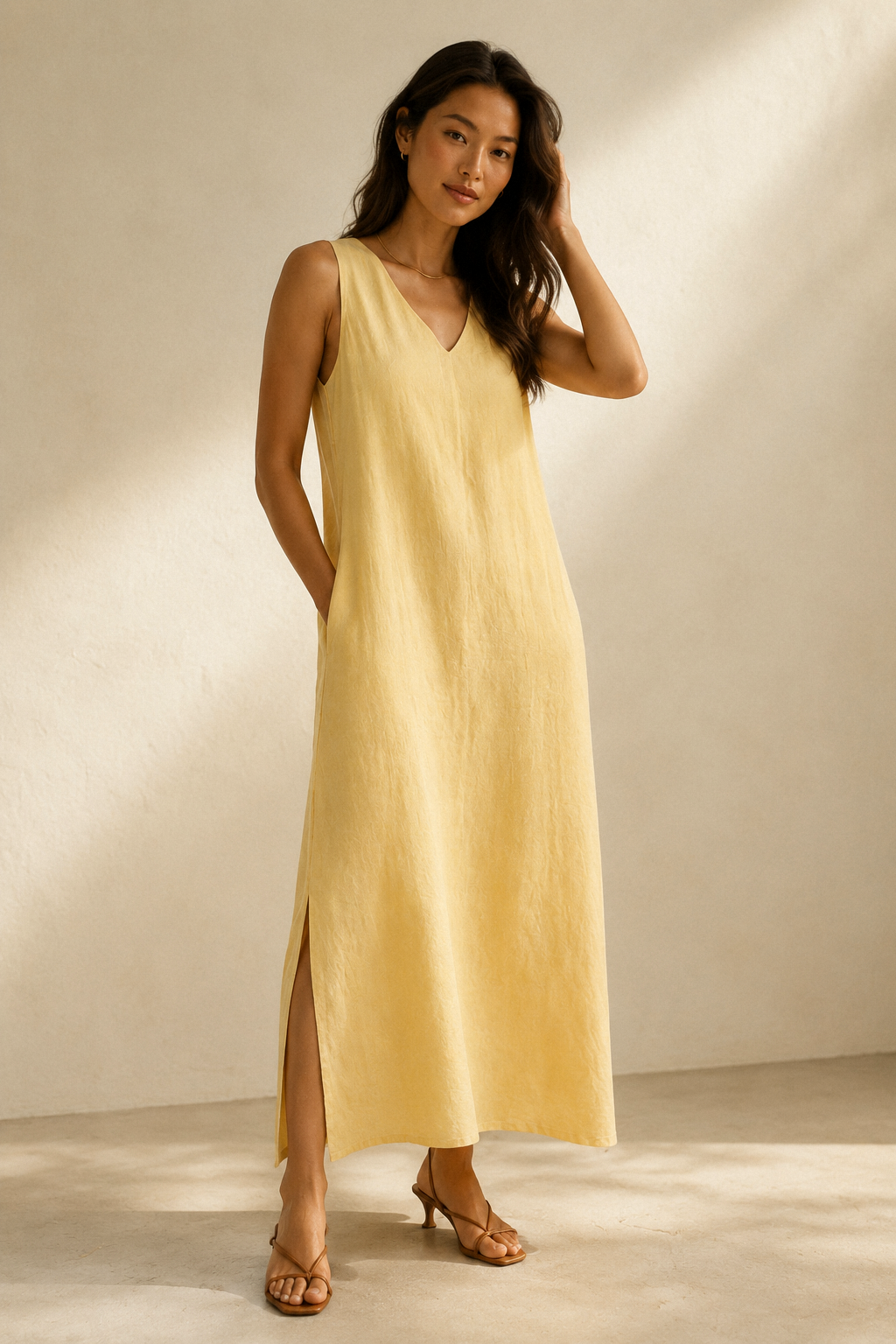 Butter yellow linen shift maxi dress, full front view, relaxed shift silhouette