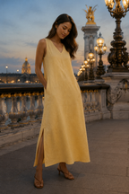 Butter yellow linen shift maxi dress, front view, V neckline and side pockets