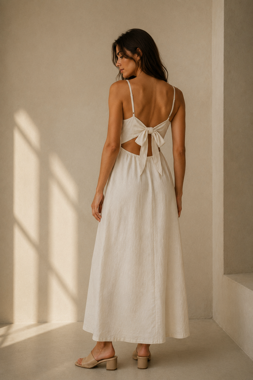 Ivory linen a-line maxi dress, back view, back tie detail and cut-out waist