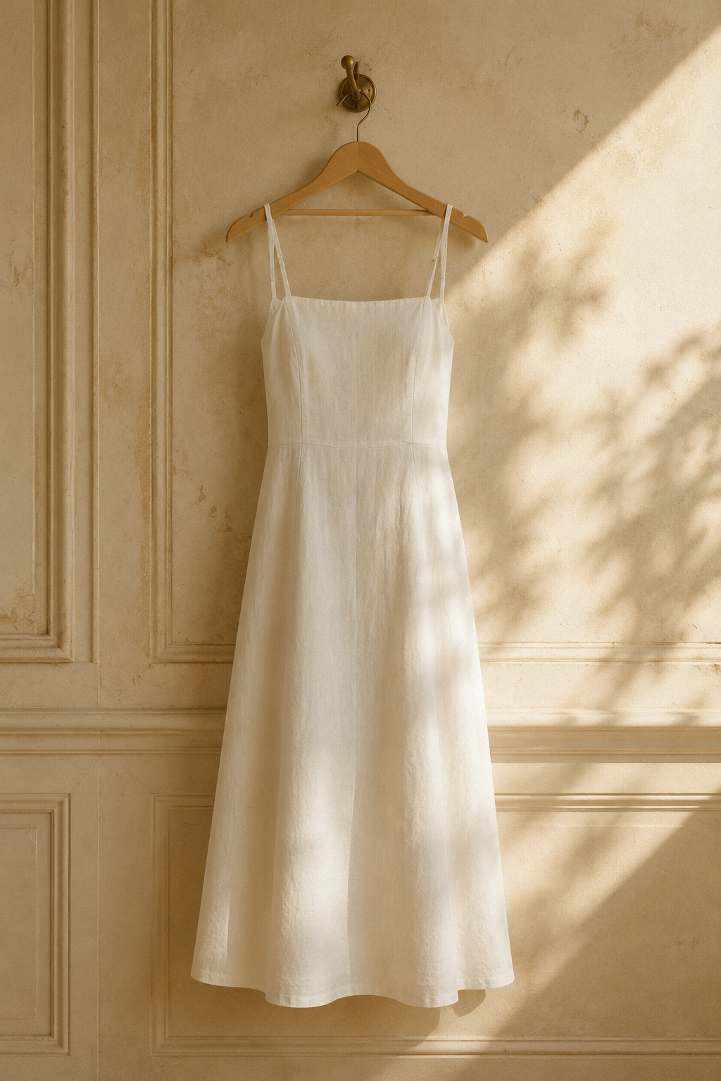 Ivory linen a-line maxi dress, hanging on wooden hanger against plaster wall