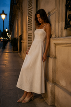 Ivory linen a-line maxi dress, front view, straight neckline and A-line skirt