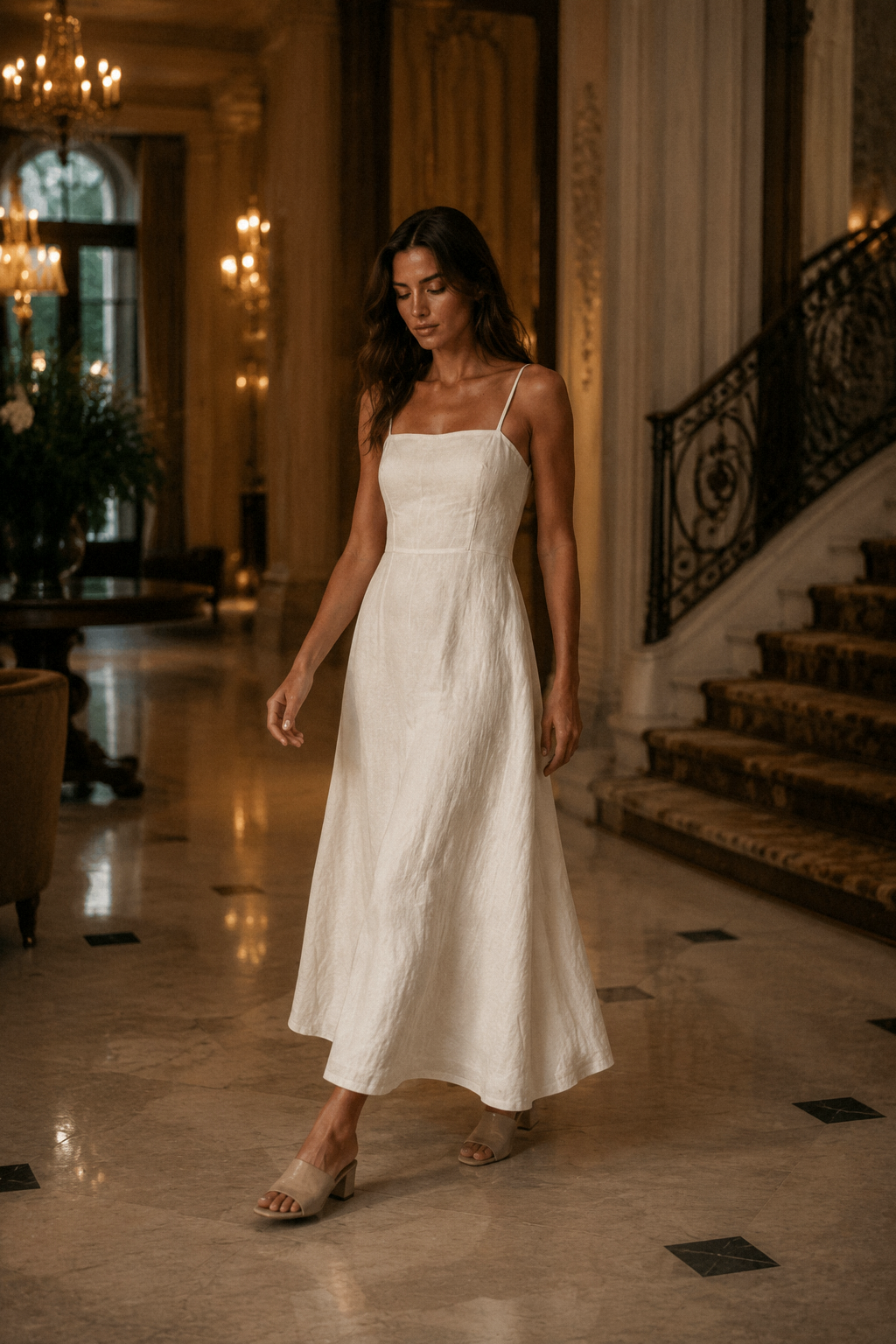 Ivory linen a-line maxi dress, lifestyle, sunlit courtyard, gentle afternoon
