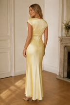 Butter yellow silk column maxi dress, back view, smooth column silhouette