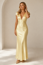 Butter yellow silk column maxi dress, full front view, column silhouette and fluid drape