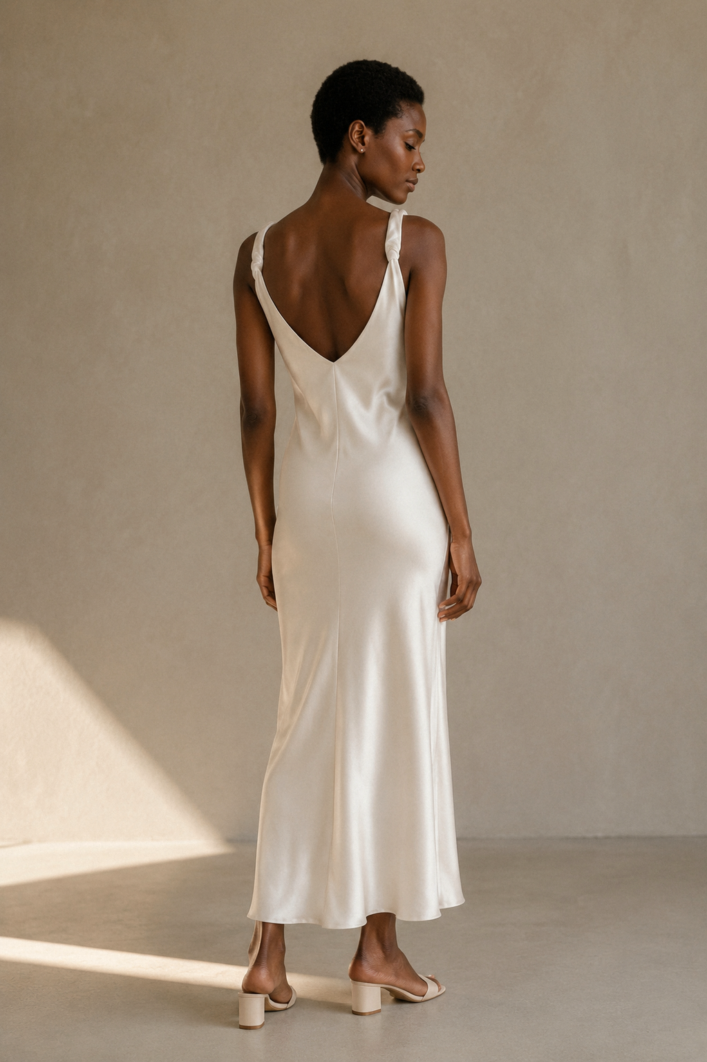 Ivory silk slip maxi dress, back view, smooth back, fluid drape