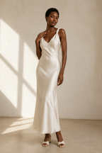 Ivory silk slip maxi dress, full front view, flowing slip silhouette