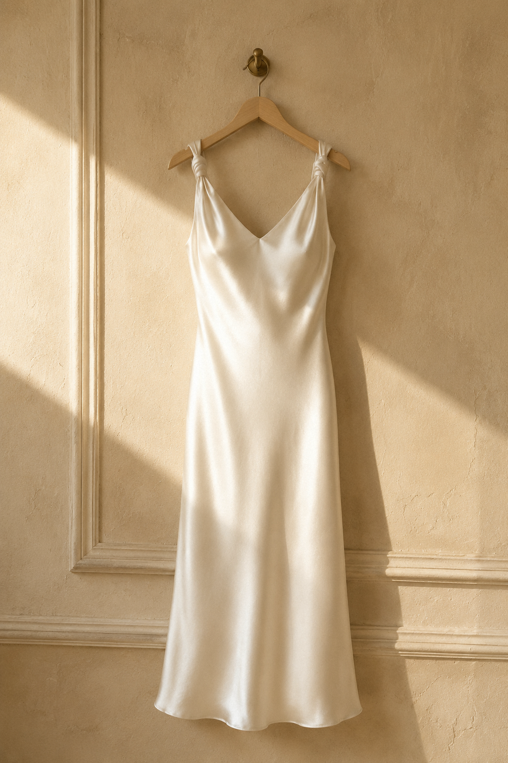 Ivory silk slip maxi dress, hanging on wooden hanger against plaster wall