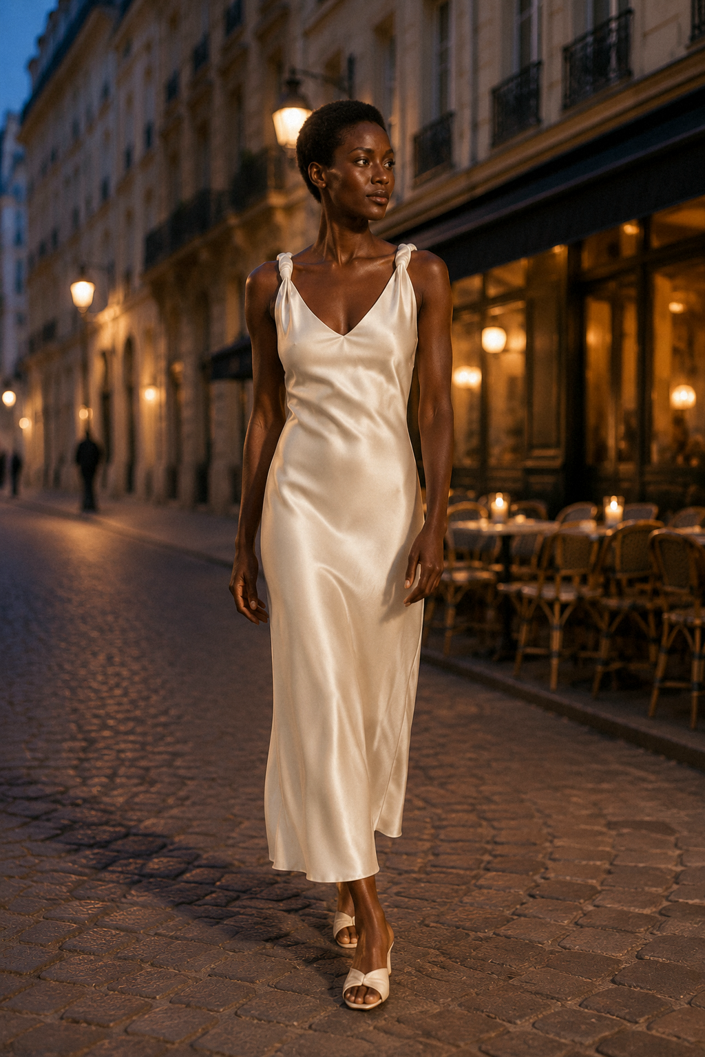 Ivory silk slip maxi dress, lifestyle, relaxed moment on a sofa