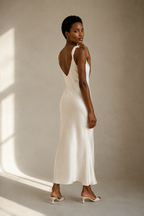 Ivory silk slip maxi dress, three-quarter view, soft drape of silk fabric