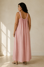 Pink linen shift maxi dress, back view, clean lines and effortless drape