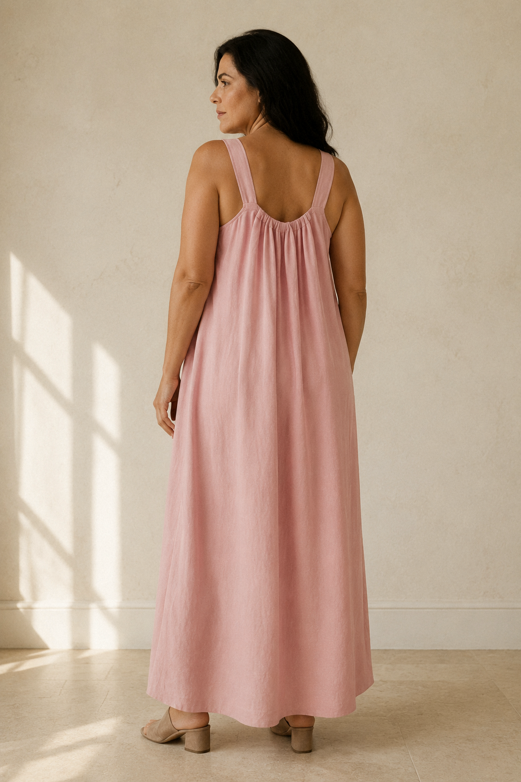 Pink linen shift maxi dress, back view, clean lines and effortless drape