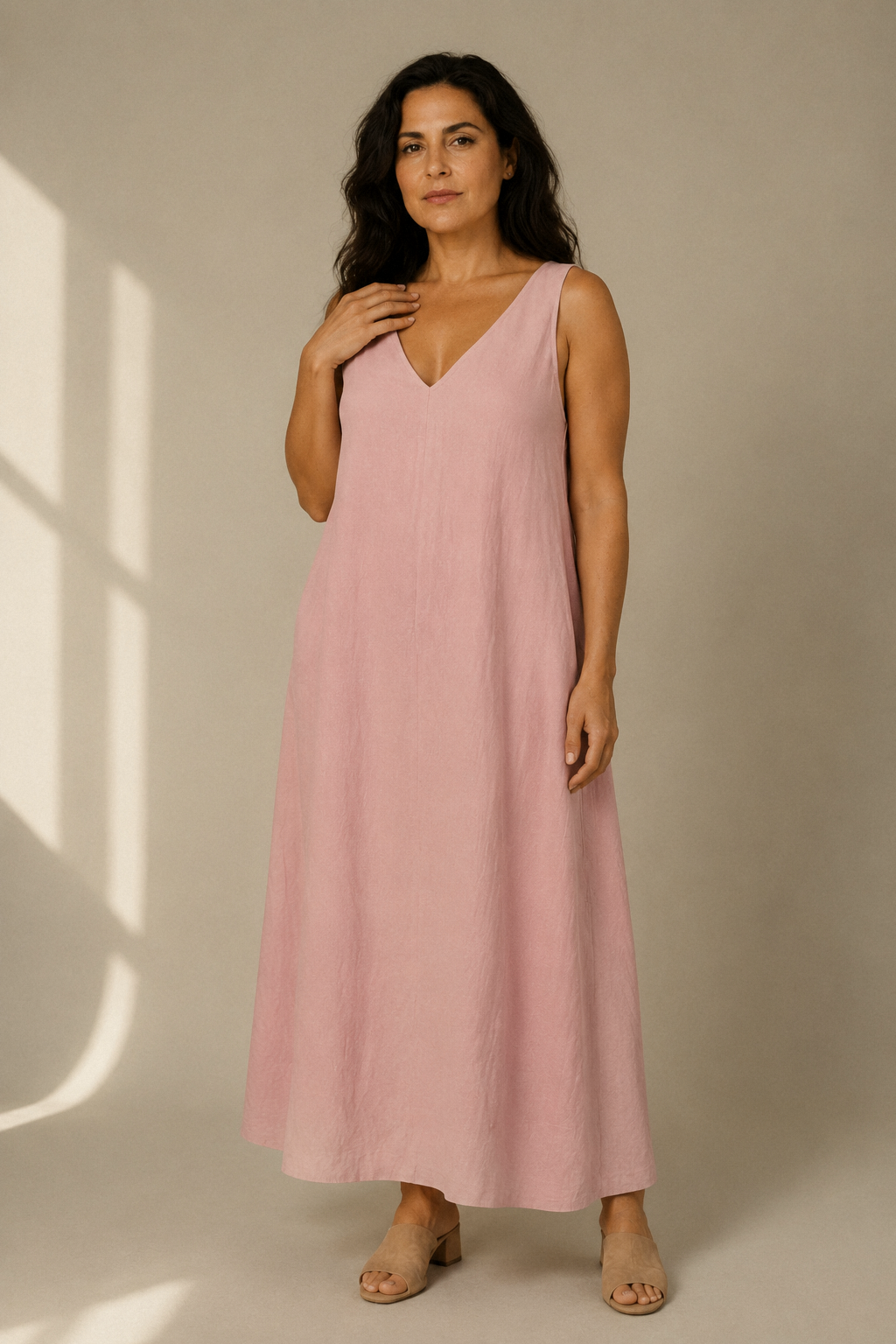 Pink linen shift maxi dress, full front view, soft drape and side pockets