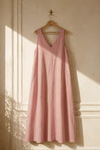 Pink linen shift maxi dress, hanging on wooden hanger against plaster wall