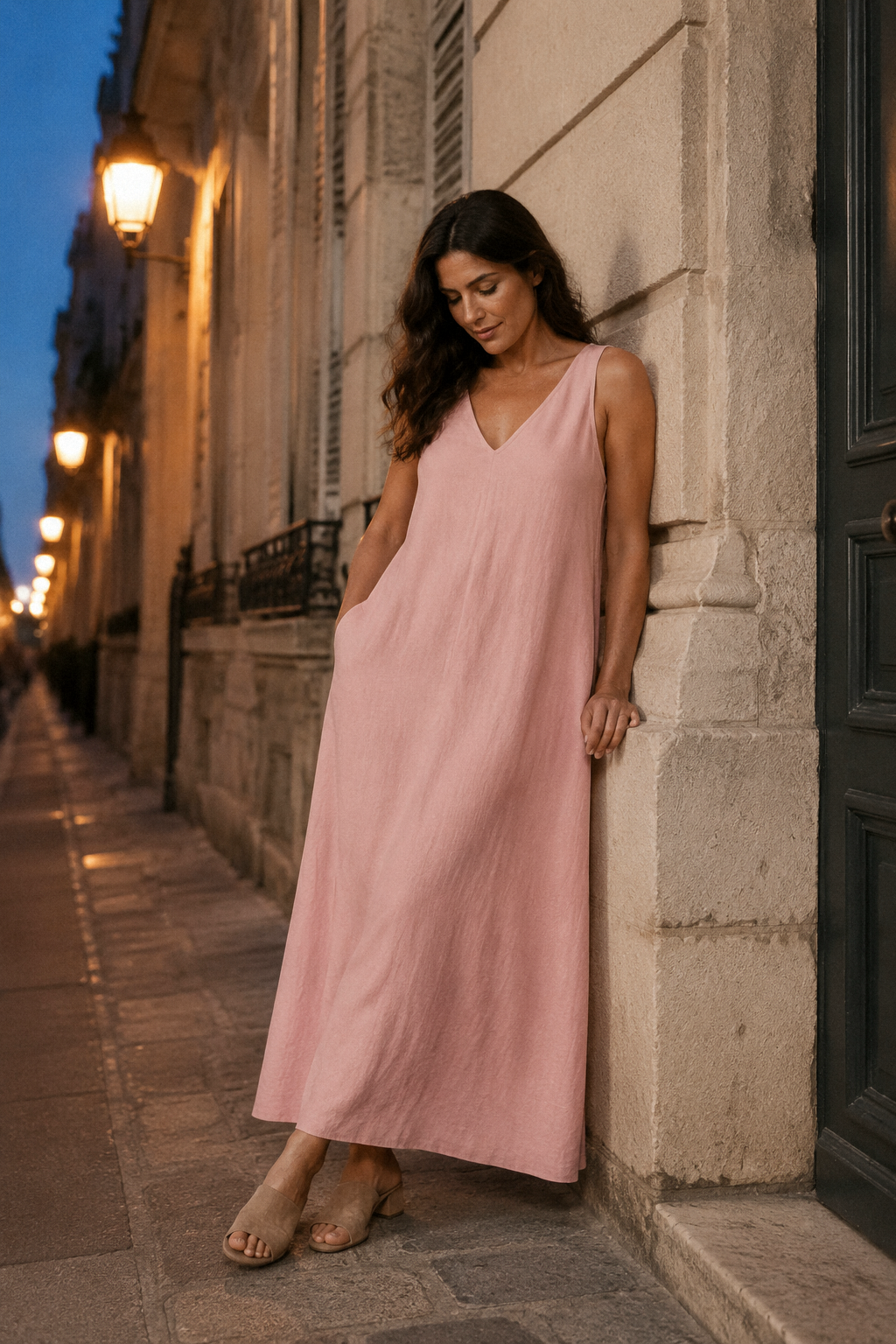 Pink linen shift maxi dress, front view, v-neck and relaxed silhouette
