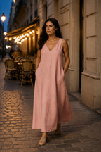 Pink linen shift maxi dress, lifestyle, sunny day, quiet moment