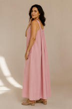 Pink linen shift maxi dress, three-quarter view, relaxed fit and maxi length