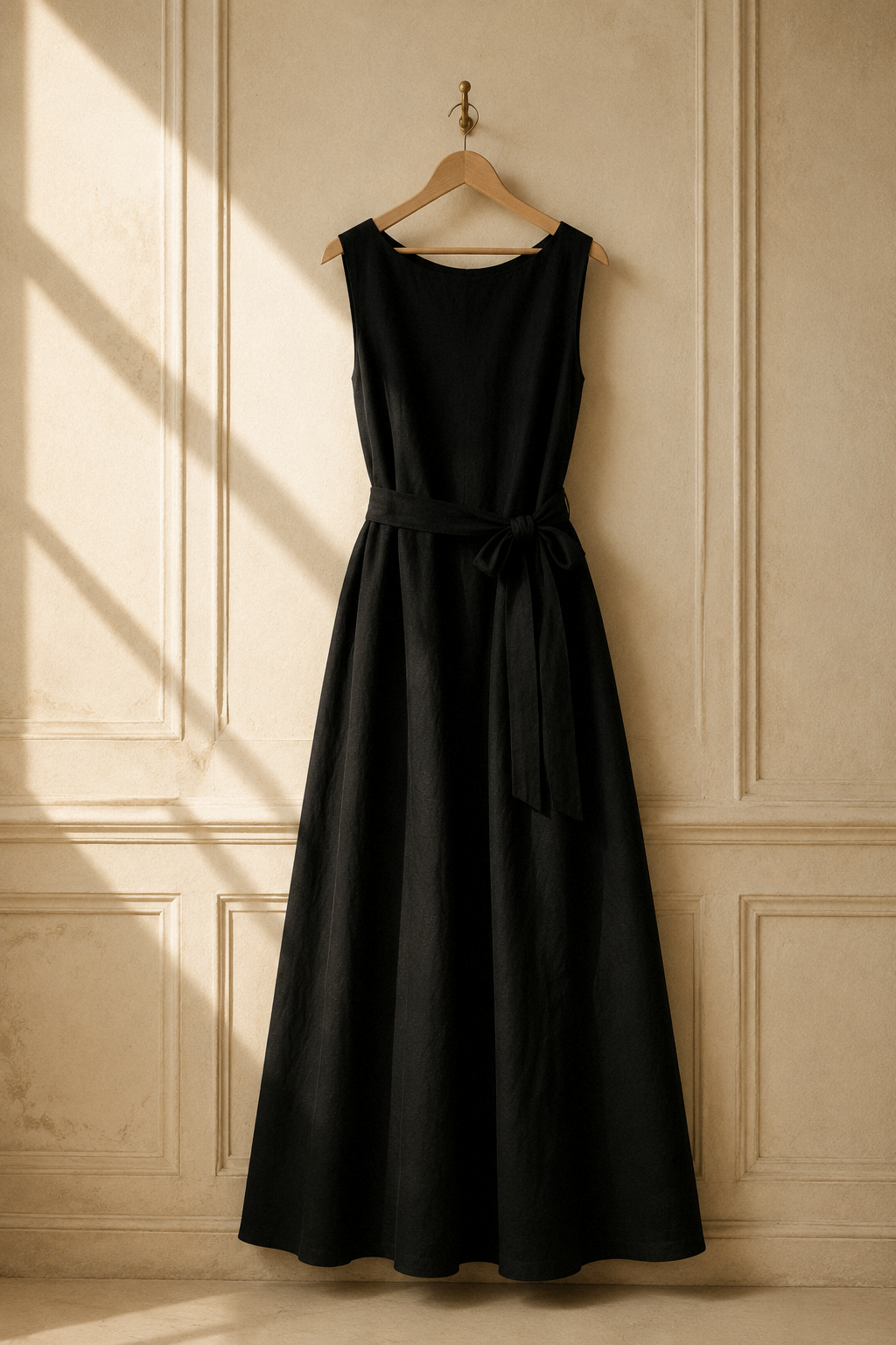 Black linen trapeze maxi dress, hanging on wooden hanger against plaster wall