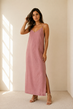 Dusty pink linen slip maxi dress, full front view, simple V neckline, straight silhouette