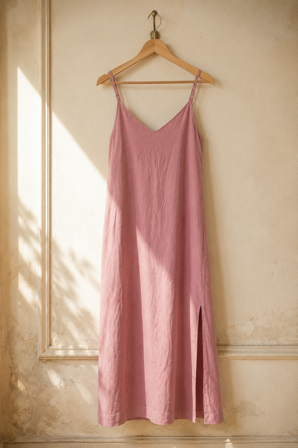 Dusty pink linen slip maxi dress, hanging on wooden hanger against plaster wall