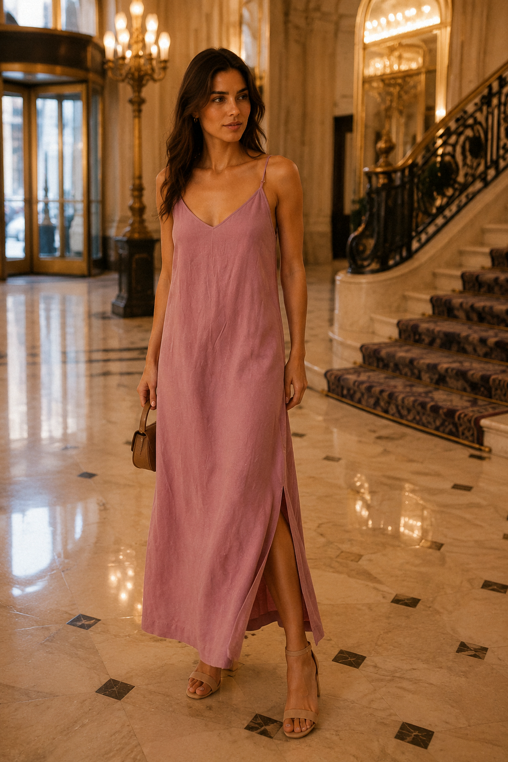 Dusty pink linen slip maxi dress, lifestyle, soft light on a quiet morning