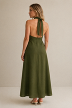 Olive green linen a-line maxi dress, back view, halter tie and smooth back