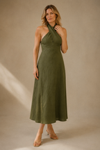 Olive green linen a-line maxi dress, full front view, fitted bodice and maxi length