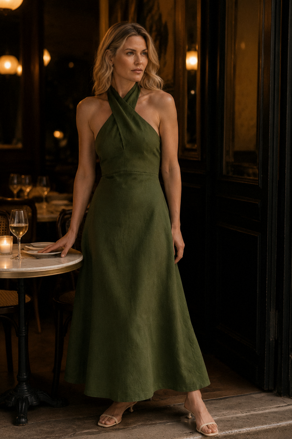 Olive green linen a-line maxi dress, lifestyle, quiet afternoon in thoughtful repose