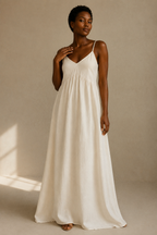 Ivory linen a-line maxi dress, full front view, flowing A-line skirt