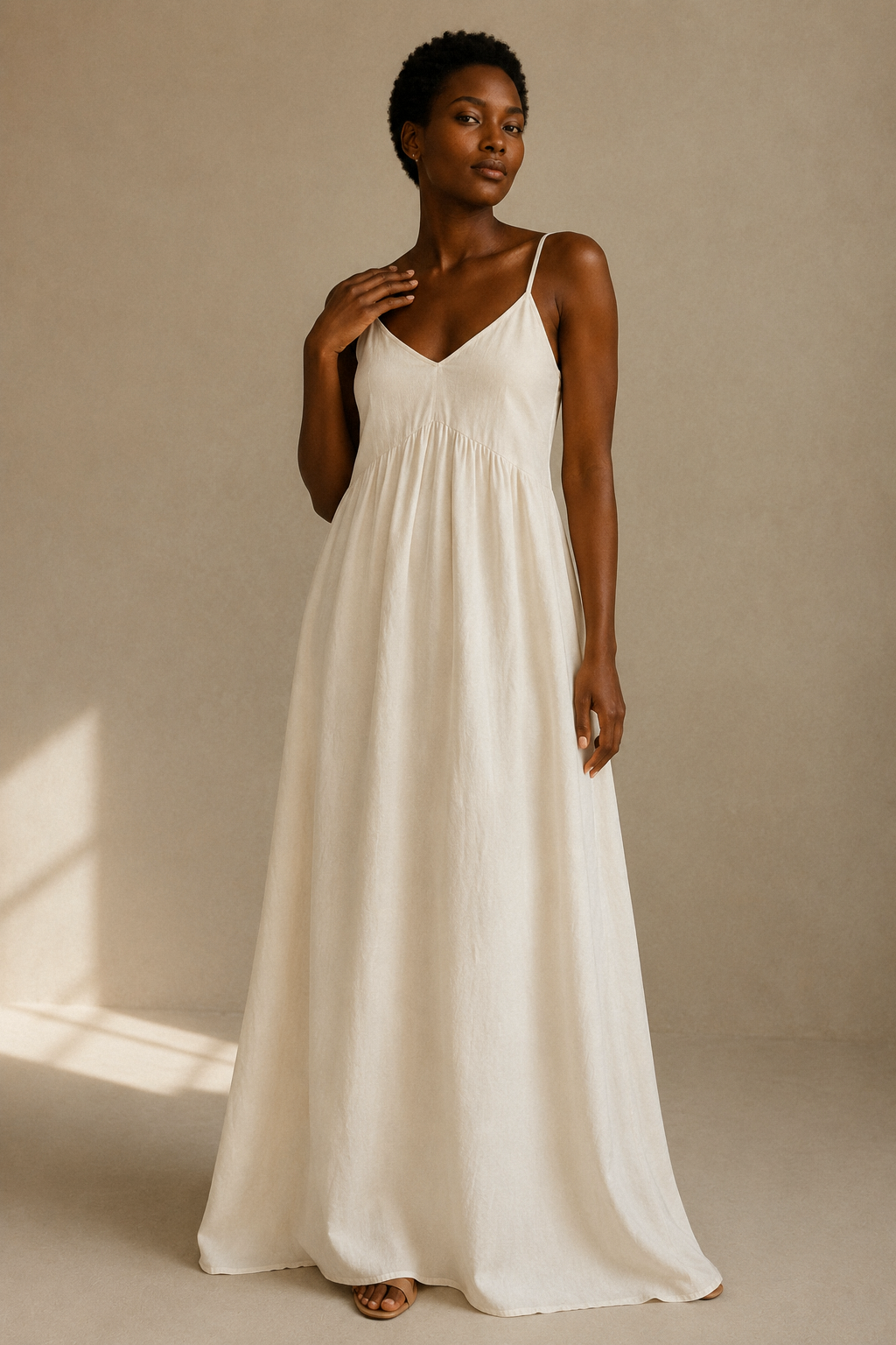 Ivory linen a-line maxi dress, full front view, flowing A-line skirt