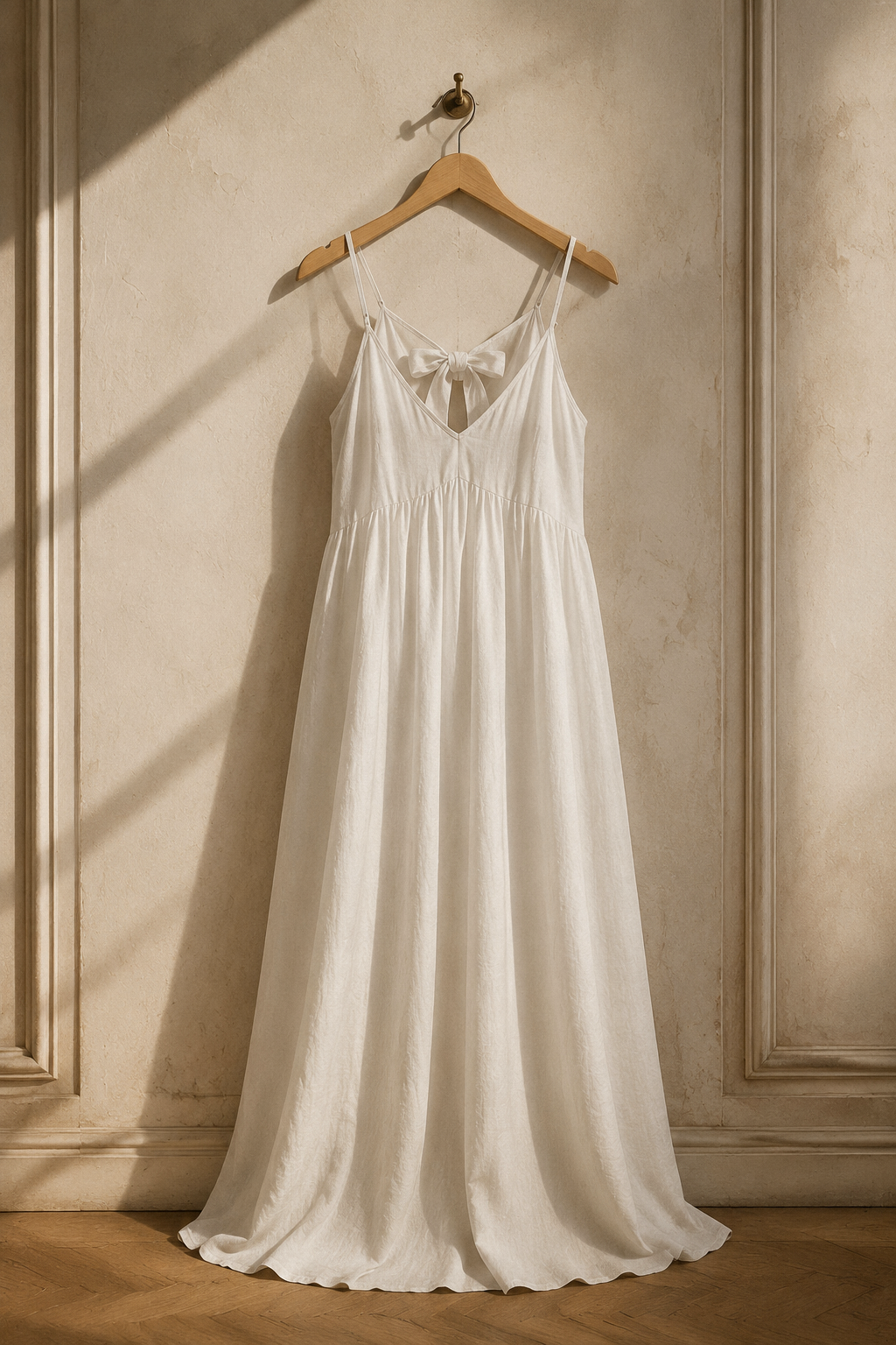 Ivory linen a-line maxi dress, hanging on wooden hanger against plaster wall