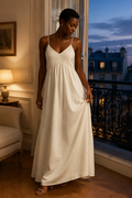 Ivory linen a-line maxi dress, front view, V neckline and gathered bodice