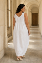 White linen cocoon maxi dress, back view, simple back and smooth drape