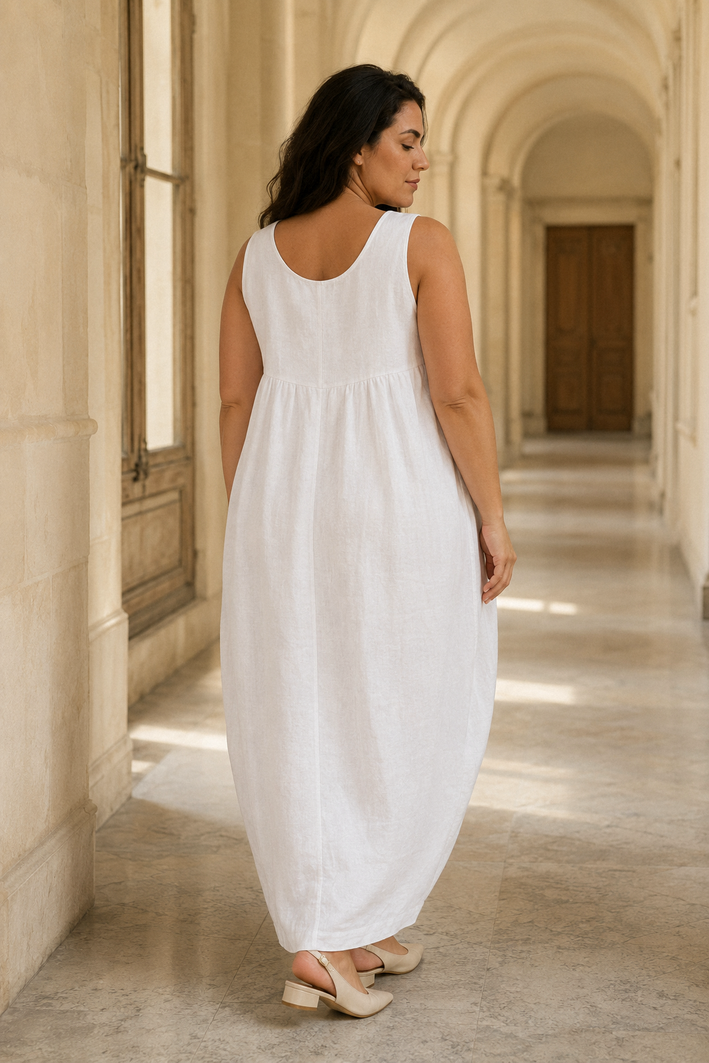 White linen cocoon maxi dress, back view, simple back and smooth drape