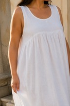 White linen cocoon maxi dress, fabric detail, flax weave in raking light