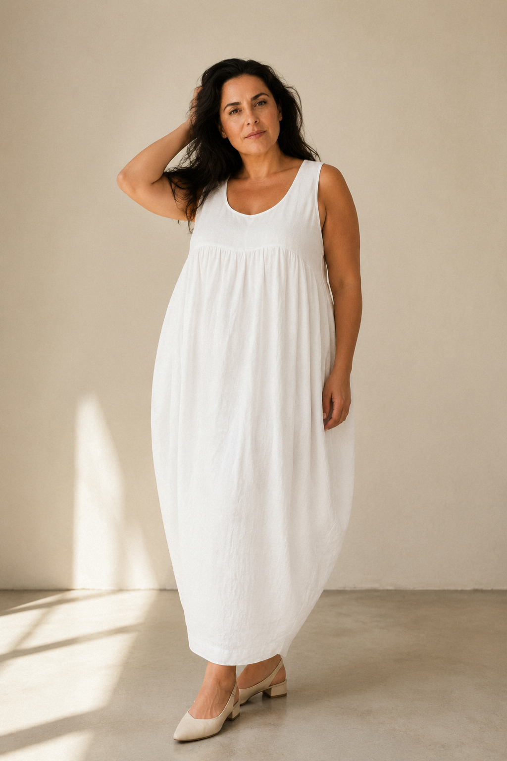White linen cocoon maxi dress, full front view, voluminous body and maxi length