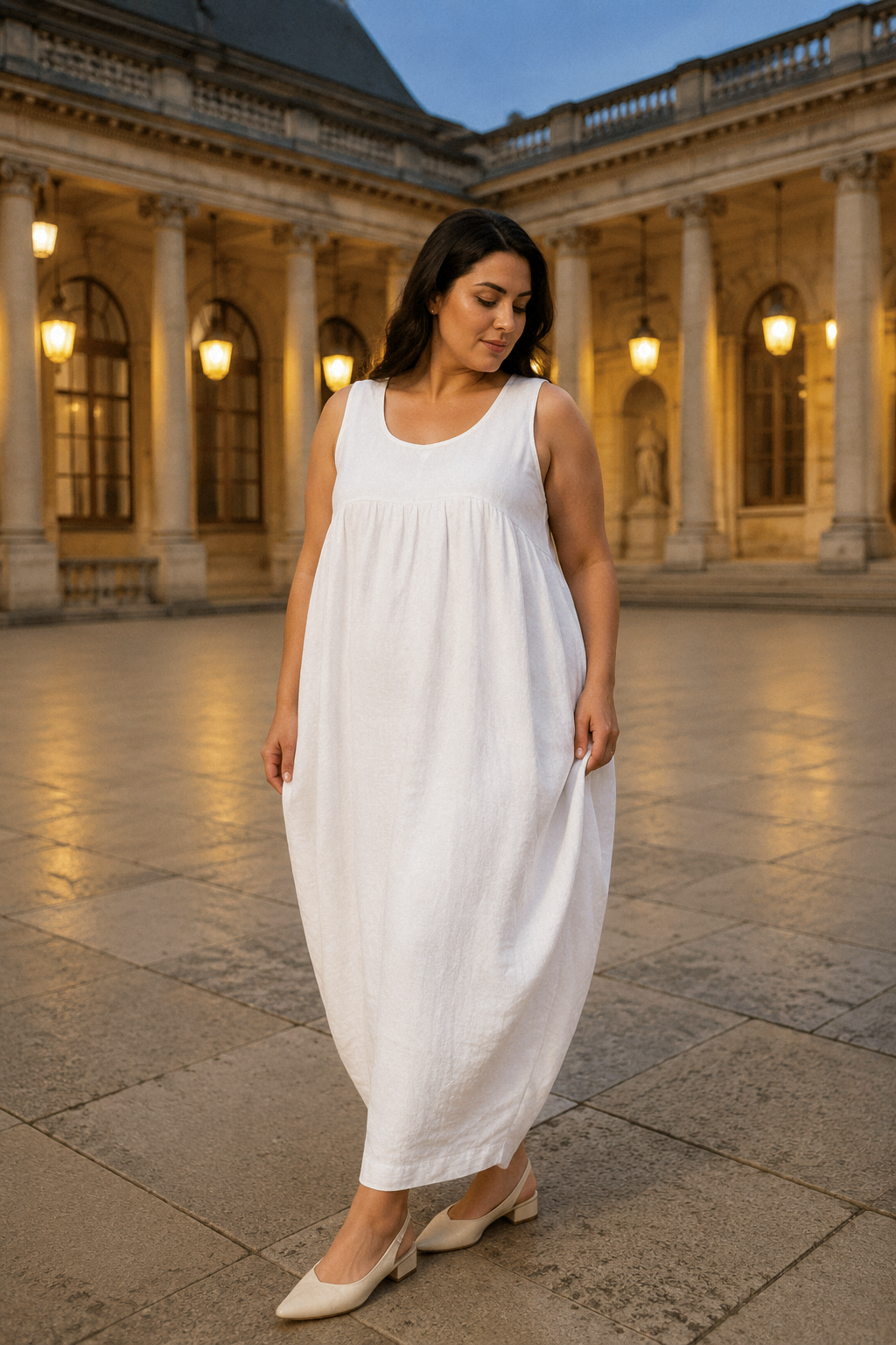White linen cocoon maxi dress, front view, round neckline and cocoon silhouette