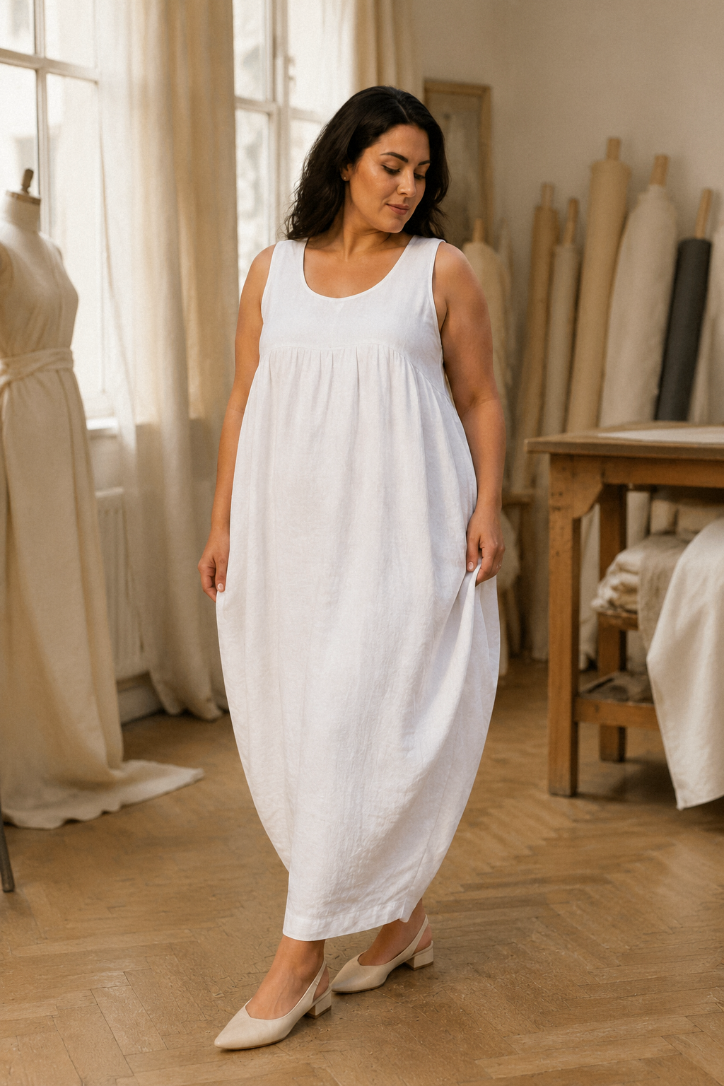 White linen cocoon maxi dress, lifestyle, quiet moments, serene comfort