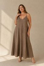 Taupe linen slip maxi dress, full front view, flowing slip dress silhouette
