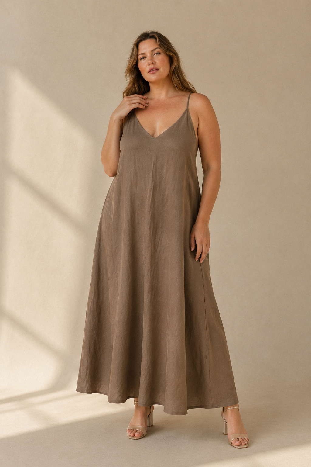 Taupe linen slip maxi dress, full front view, flowing slip dress silhouette