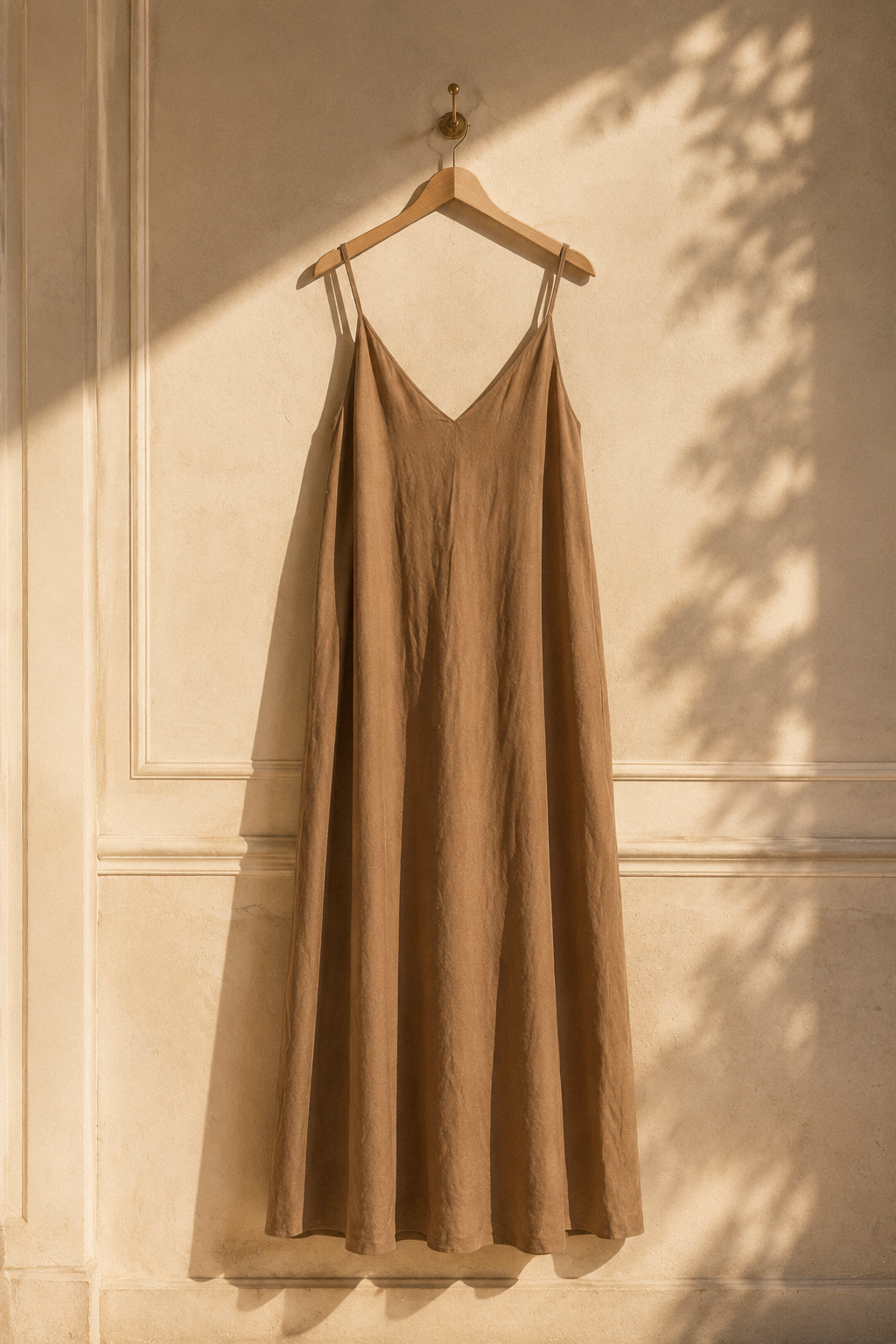 Taupe linen slip maxi dress, hanging on wooden hanger against plaster wall