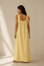 Butter yellow linen shift maxi dress, back view, smooth back with straight cut