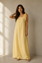 Butter yellow linen shift maxi dress, full front view, relaxed shift maxi silhouette
