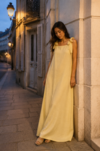 Butter yellow linen shift maxi dress, front view, square neckline and shoulder ties