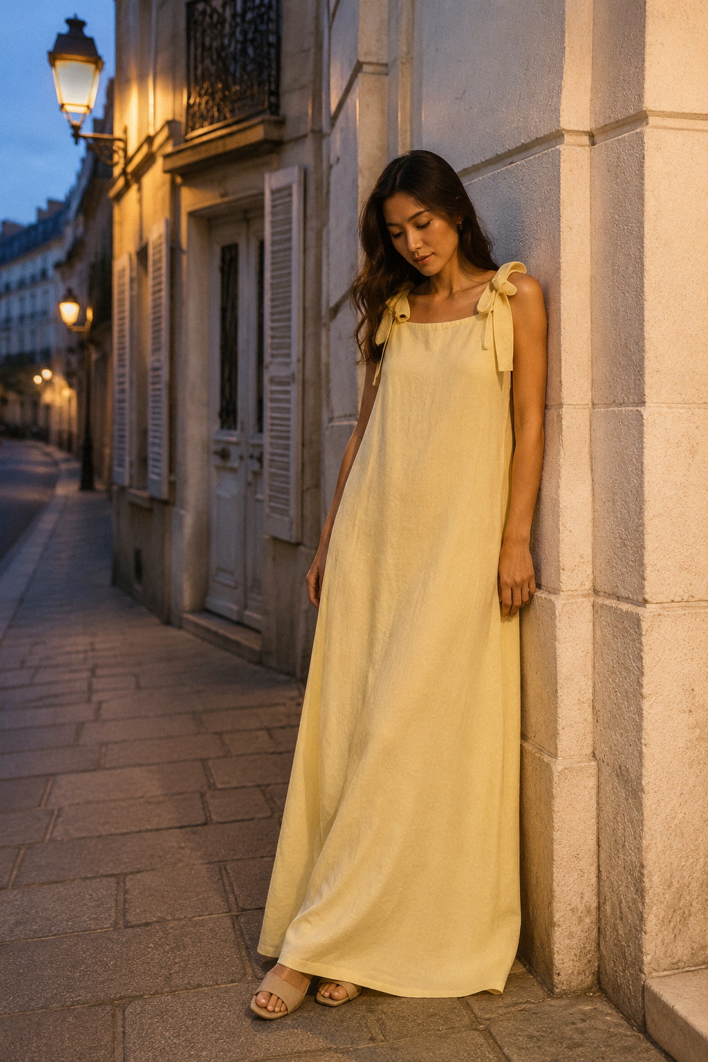 Butter yellow linen shift maxi dress, front view, square neckline and shoulder ties