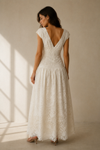 Ivory lace a-line maxi dress, back view, fitted bodice and skirt release